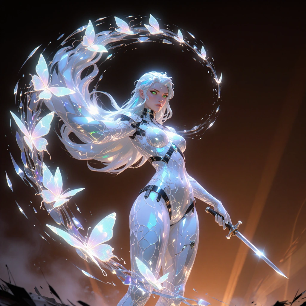 warrior woman with crystalline skin that glows pale luminescent blue, dual long slender rapiers with…