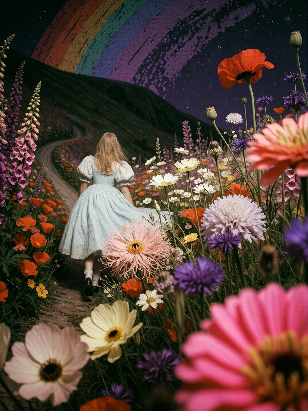a adult woman seen entirely from behind drifting off-axis toward the right third of the frame and slightly off the narrow dirt path that curves away leftward without her, face never visible, wearing a pale powder-blue puff-sleeve dress with a full ga