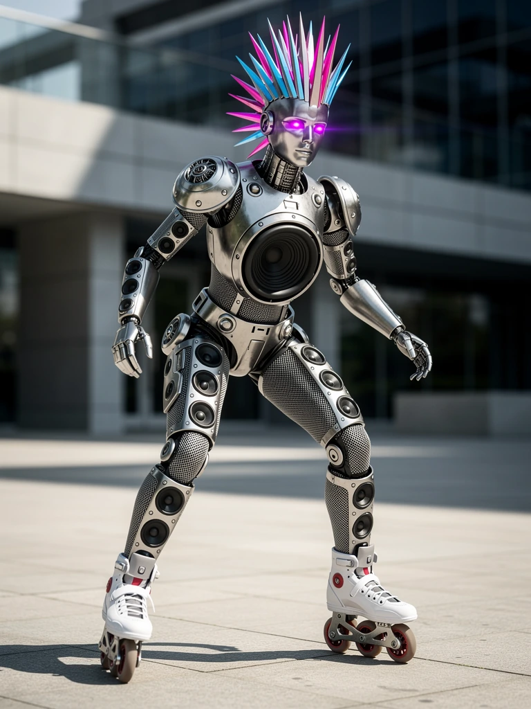 Female humanoid robot as a complete speaker system: massive subwoofer cone embedded in her midriff with visible bass ripple rings, dome tweeters bolted to shoulders as chrome epaulettes, midrange drivers flush across chest and limbs in brushed gunmet