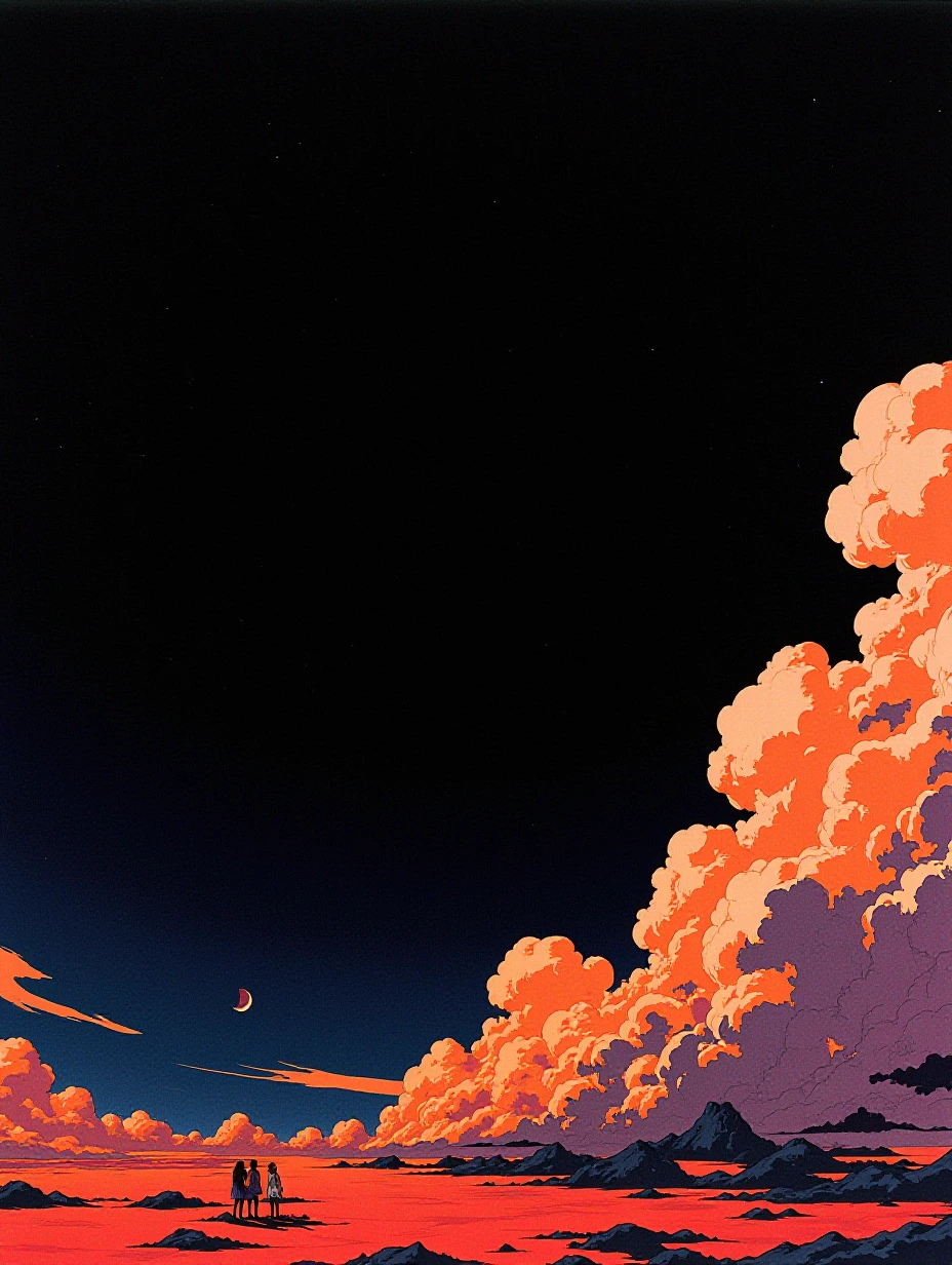 a stark dark background with clouds in the right foreground.