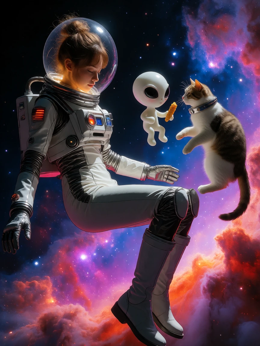 mixed media sci-fi artwork, a woman in a sleek retro-futuristic space suit with a clear helmet showing a messy bun hairstyle floating in deep space, vibrant neon nebulas in the background, a tiny cute alien sharing a floating snack with a realistic c