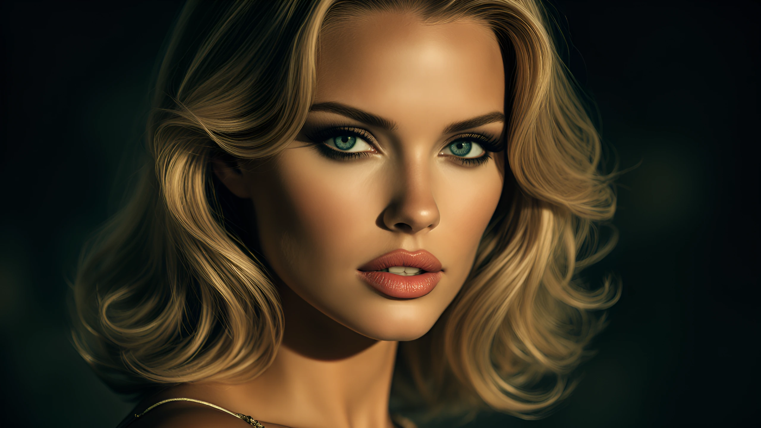 Enchanting spy and seductress who lures men into danger and betrayal for her own schemes. Charming exterior hiding ruthless evil. Hints of her true nature hidden in the image, blonde hair, blue eyes, enhanced cleavage, full lips, Eye contact with the