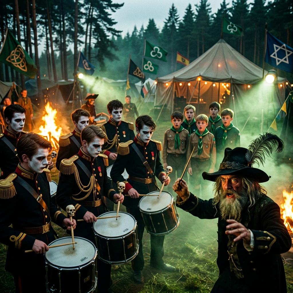 A surrealist masterpiece, inspired by Fellini, depicting a group of sombre-looking batucada drummers performing at dusk amidst a bustling summer Celti