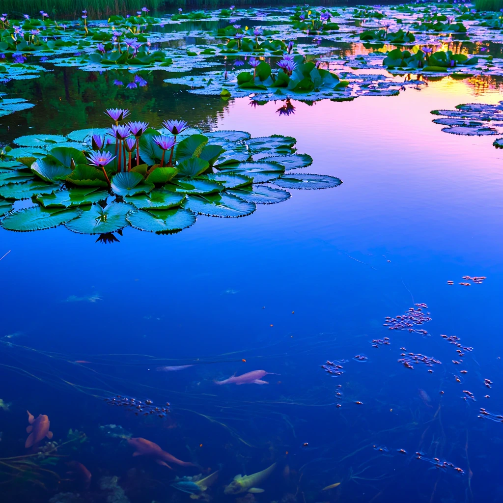 chill as can be late morning AI artwork - serene pond scene with water lilies ๐โฟ
