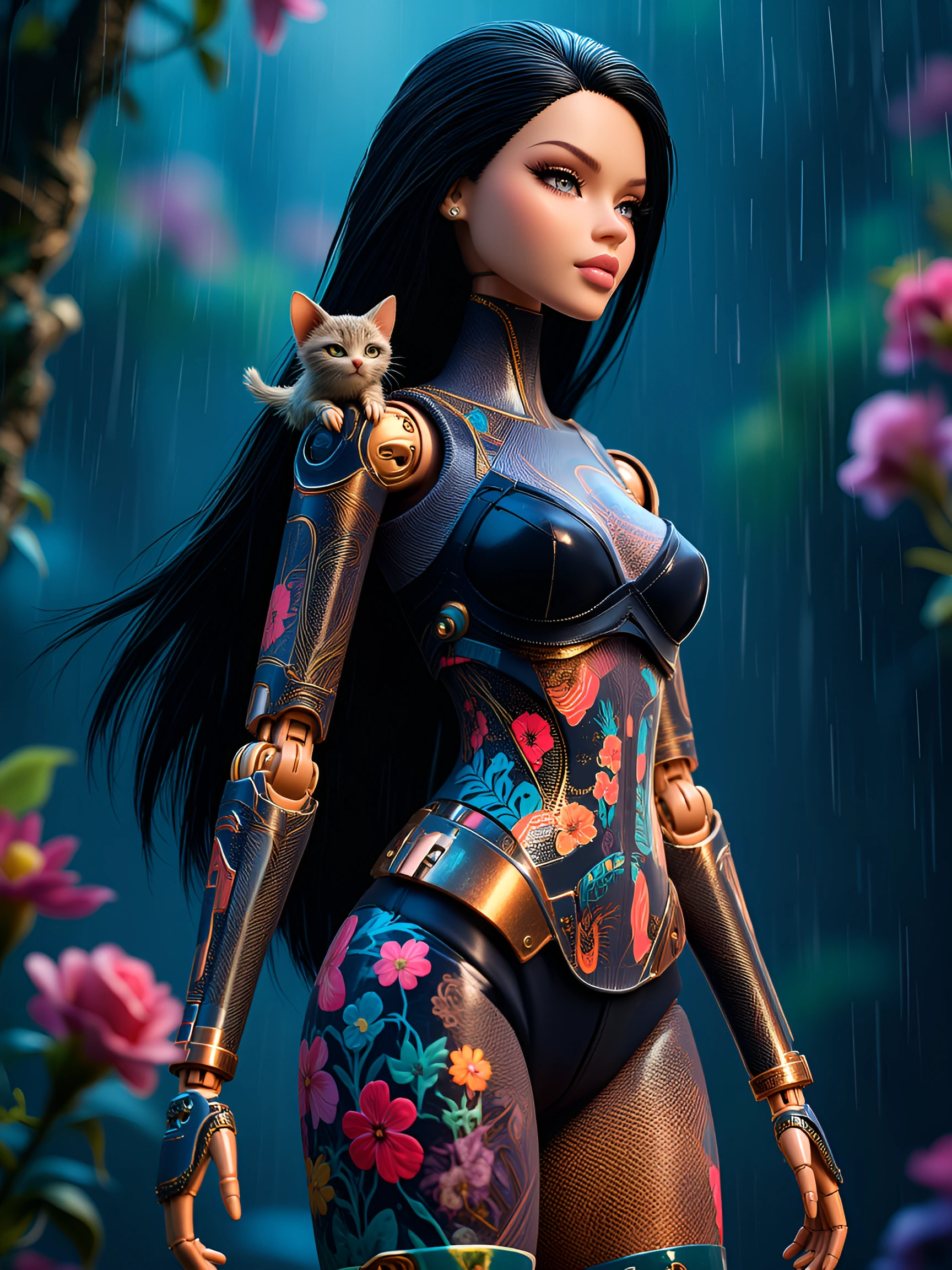 Tall, anime woman, long hair, in the style of a ball jointed doll. Beautiful facial features, cat on shoulder, gorgeous mini dress. Flowers and rain.