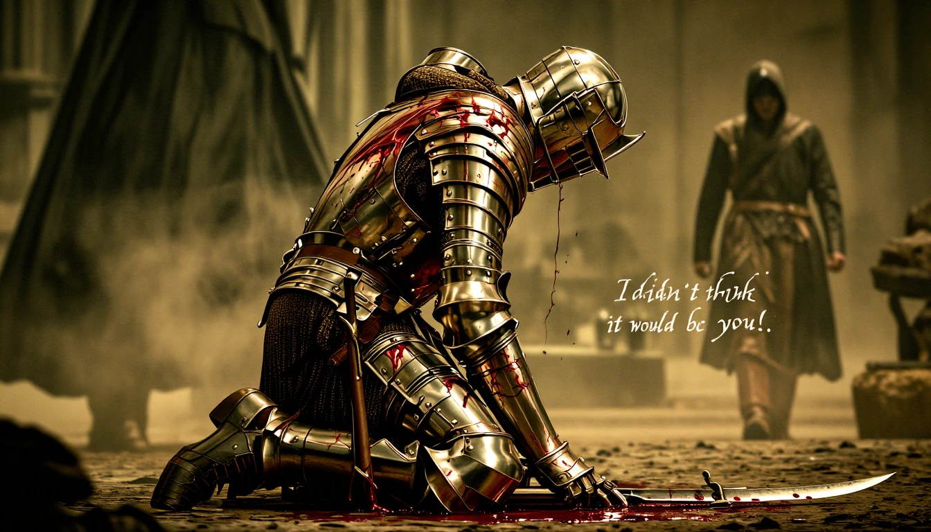 A kneeling knight dressed in gilded plate mail with his back to the camera. A savage wound has rent the armour on the knight's back, blood flows freely pooling beneath the kneeling knight. A serrated blade drenched in blood lies on the ground and a c