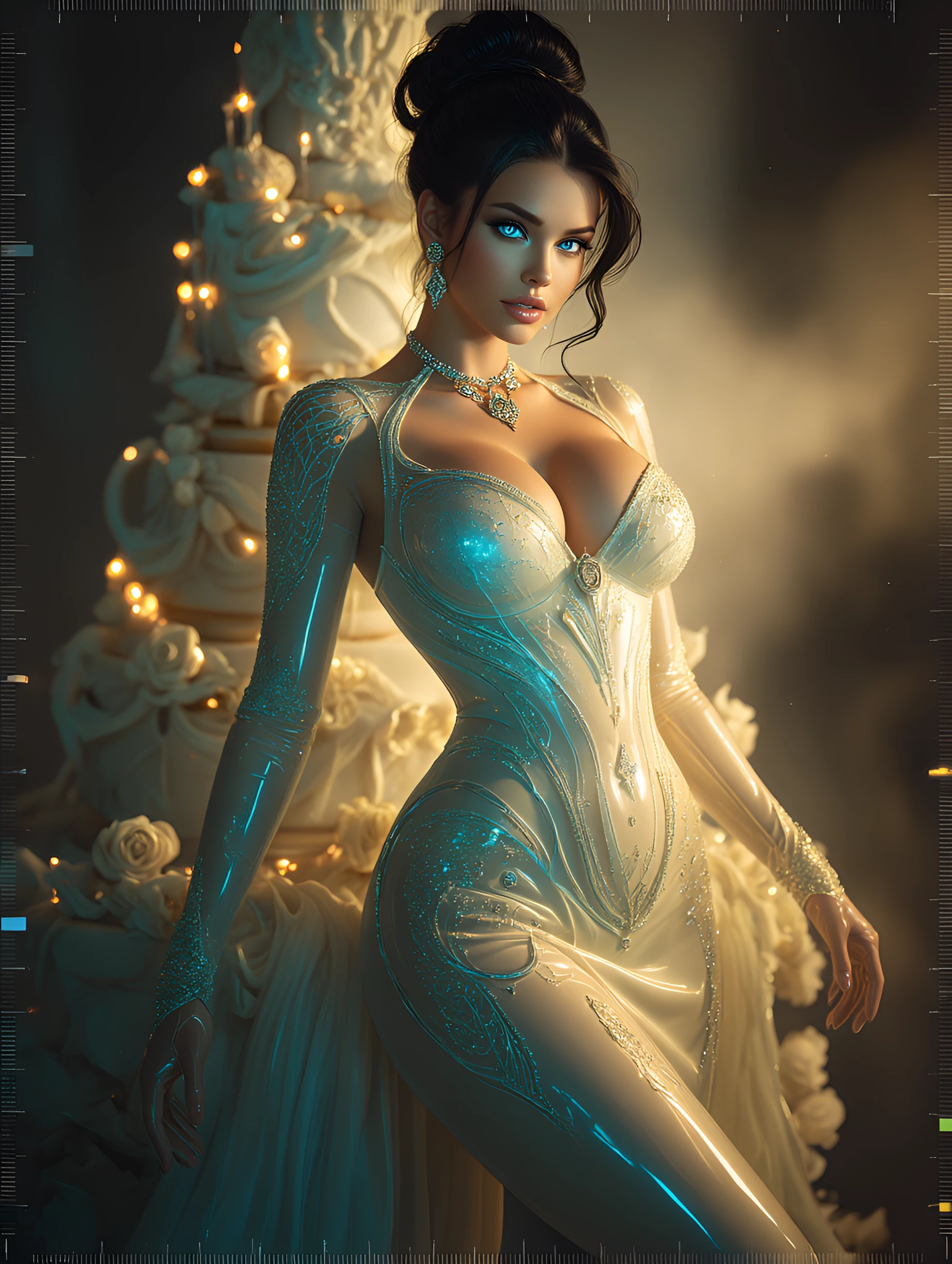 Massive Cleavage, ultra-curvy, raven hair flawless face with piercing icy blue eyes that reflect light like crystals, A model with ultra-curvy proportions, wearing glossy reflective neon cut latex and matching gloves, stands casually atop a lavish we