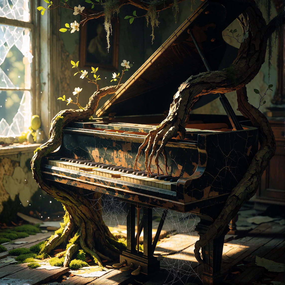 Capture a weathered grand piano being consumed by an ancient gnarled tree that has grown directly through its cracked black lacquer body, roots bursti