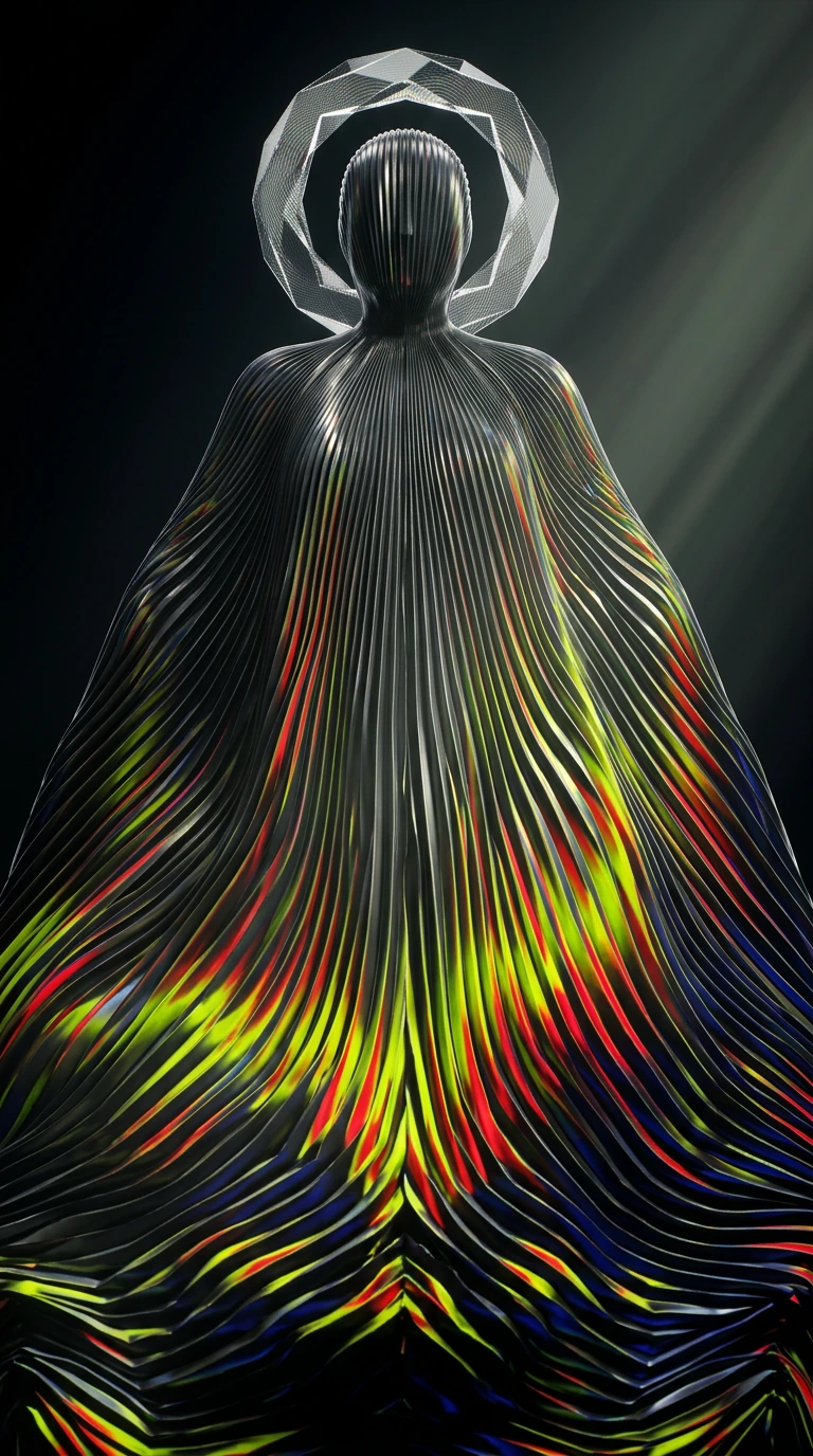 A macro-photographic, hyper-maximalist visualization of high-fashion royalty, functioning as a visual manifestation of thin-film interference and chaotic geometric optics. The core subject is an imposing, avant-garde queen draped in a monolithic, zer