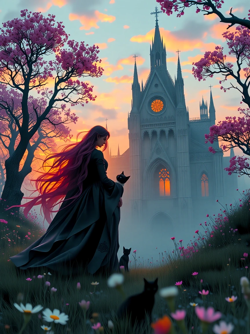 Future Gothic style , beautiful wind field dawn in spring, woman and cats