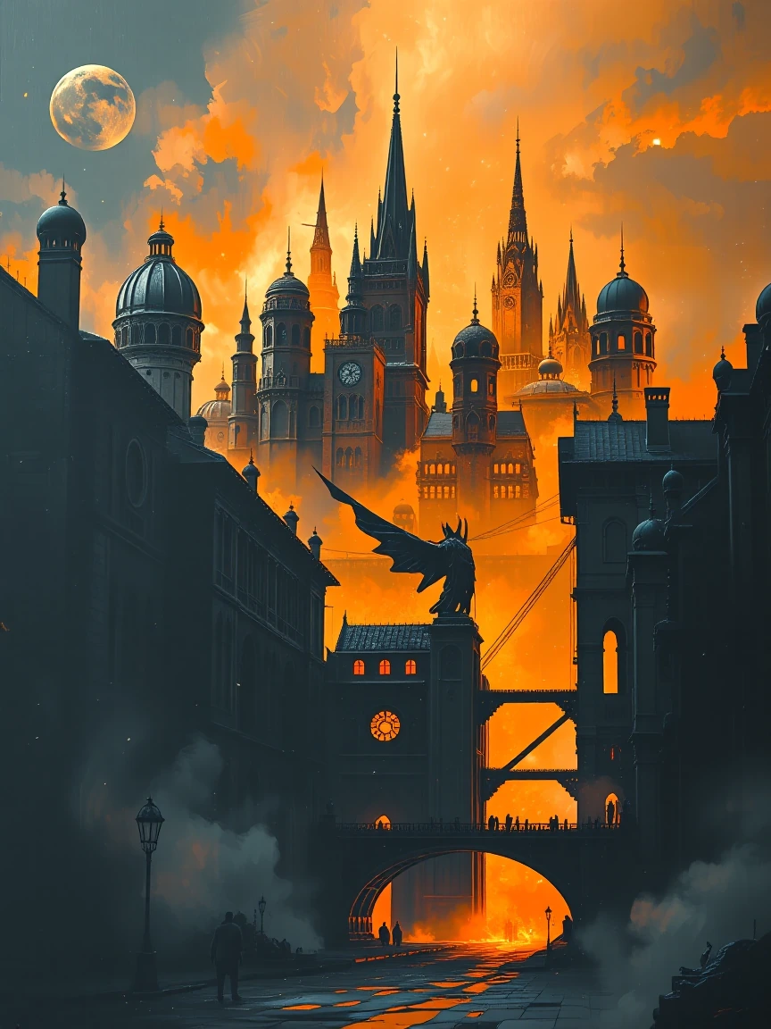 An original giant black canvas with a golden ironforge type city no watermarks
