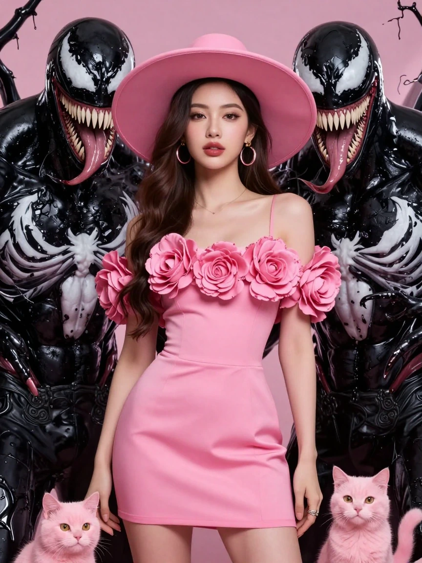 Beautiful woman in a power pink mini dress with power pink flowers, and a big rimmed power pink hat. She is with Venom and her favorite pink cat