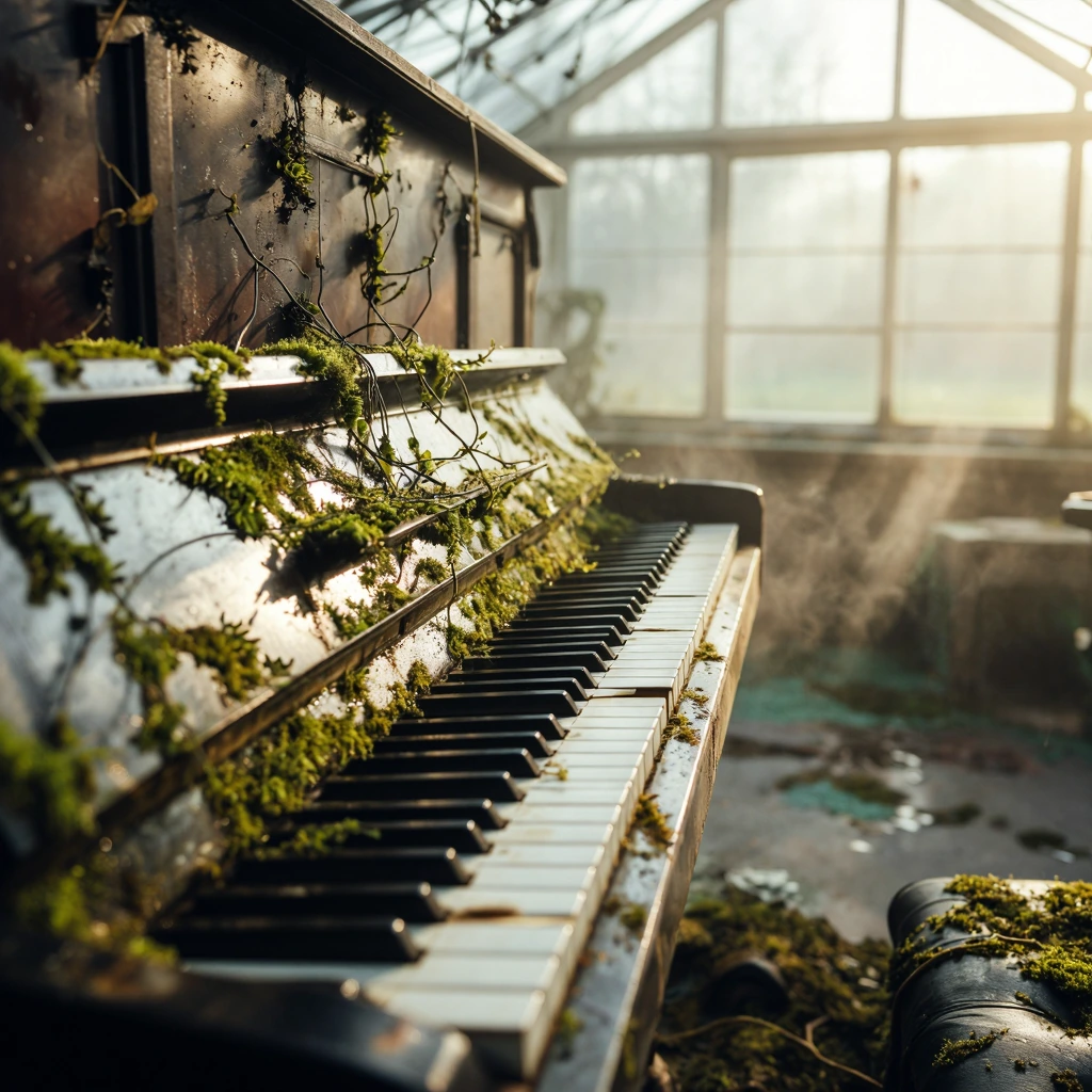 An abandoned piano in a moss-covered greenhouse with vines creeping across ivory keys, morning mist swirling, soft greens bleeding into silvery grays and cream tones.