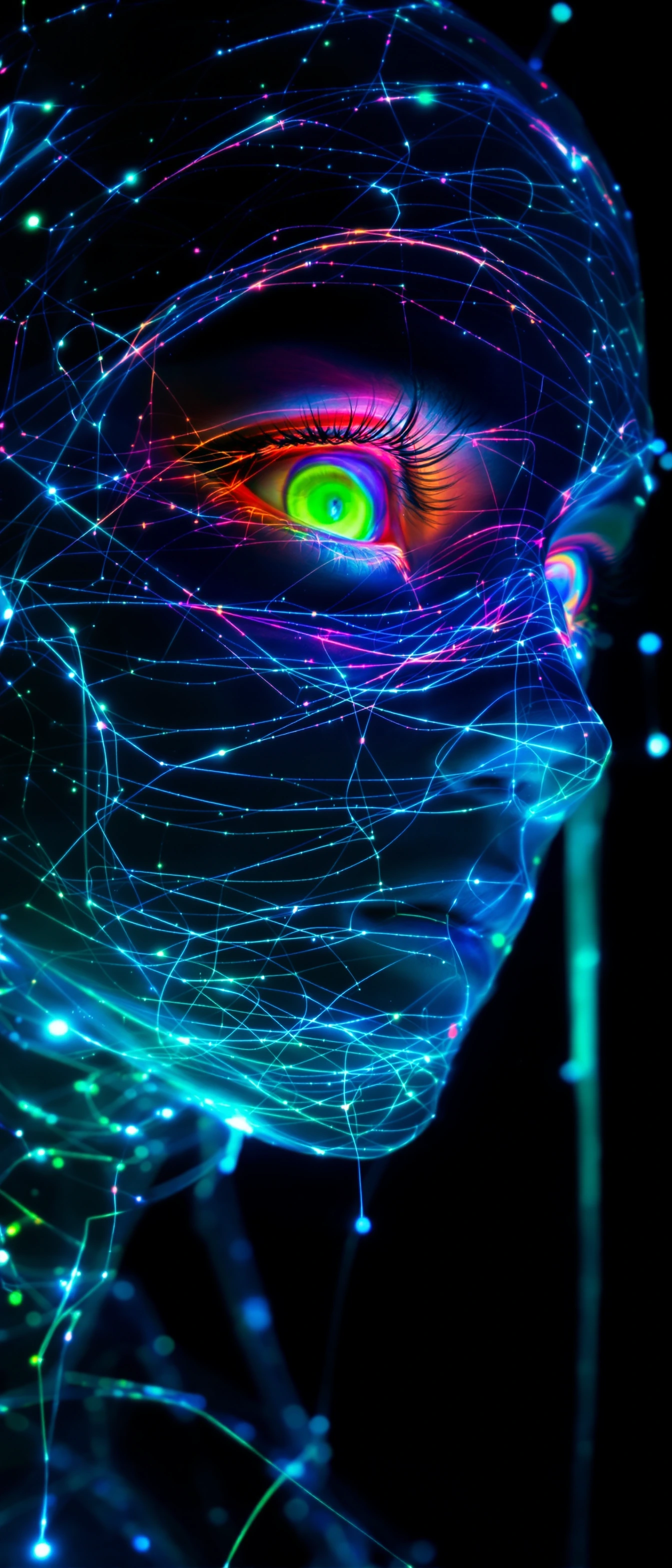 "A semi-translucent, ethereal figure in a dark, surreal, dreamlike void. Details: - The figure has a hauntingly beautiful face wrapped in faint bandages that pulsate and glow. - Incorporate luminous, shimmering threads that symbolize both constraint 