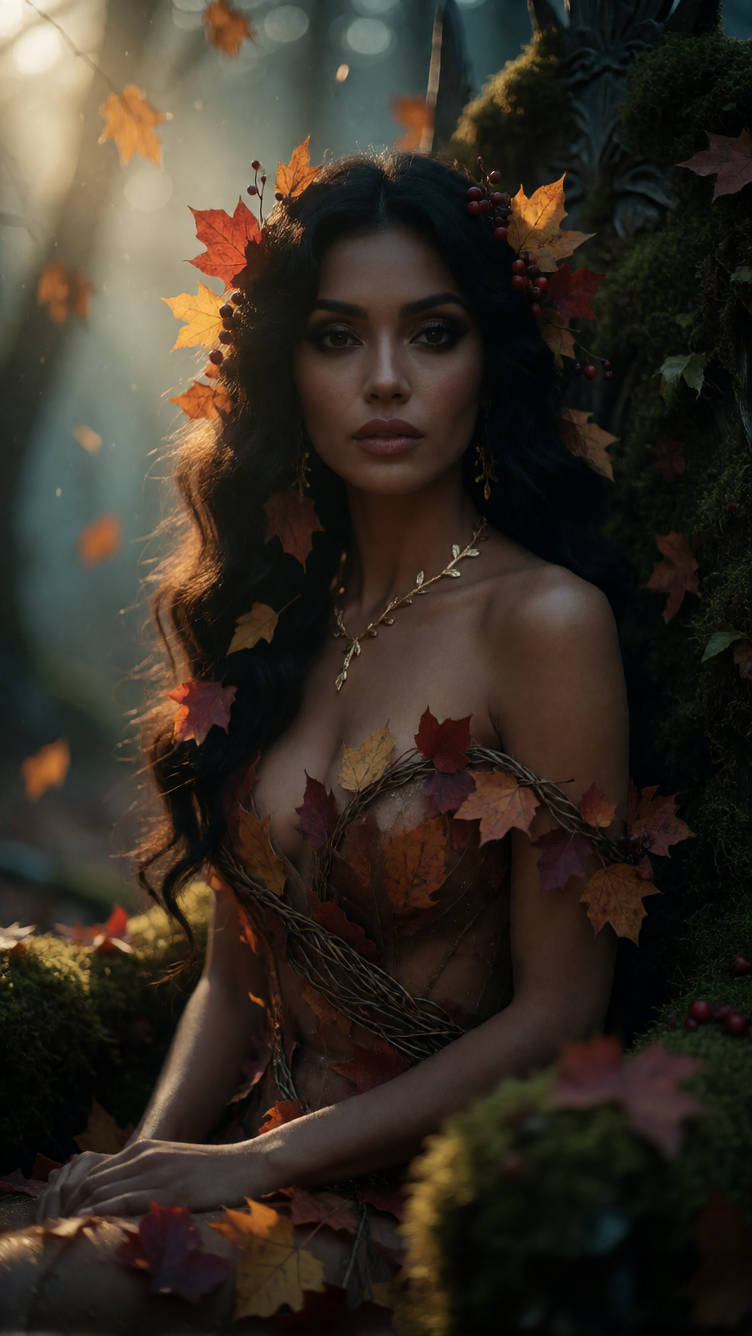 Hyper-realistic high-fashion editorial portrait of an adult woman seated on a moss-covered throne in an enchanted forest, waist-up crop emphasizing face and décolletage; cascading dark waves adorned with autumn leaves and berries, flawless bronzed sk