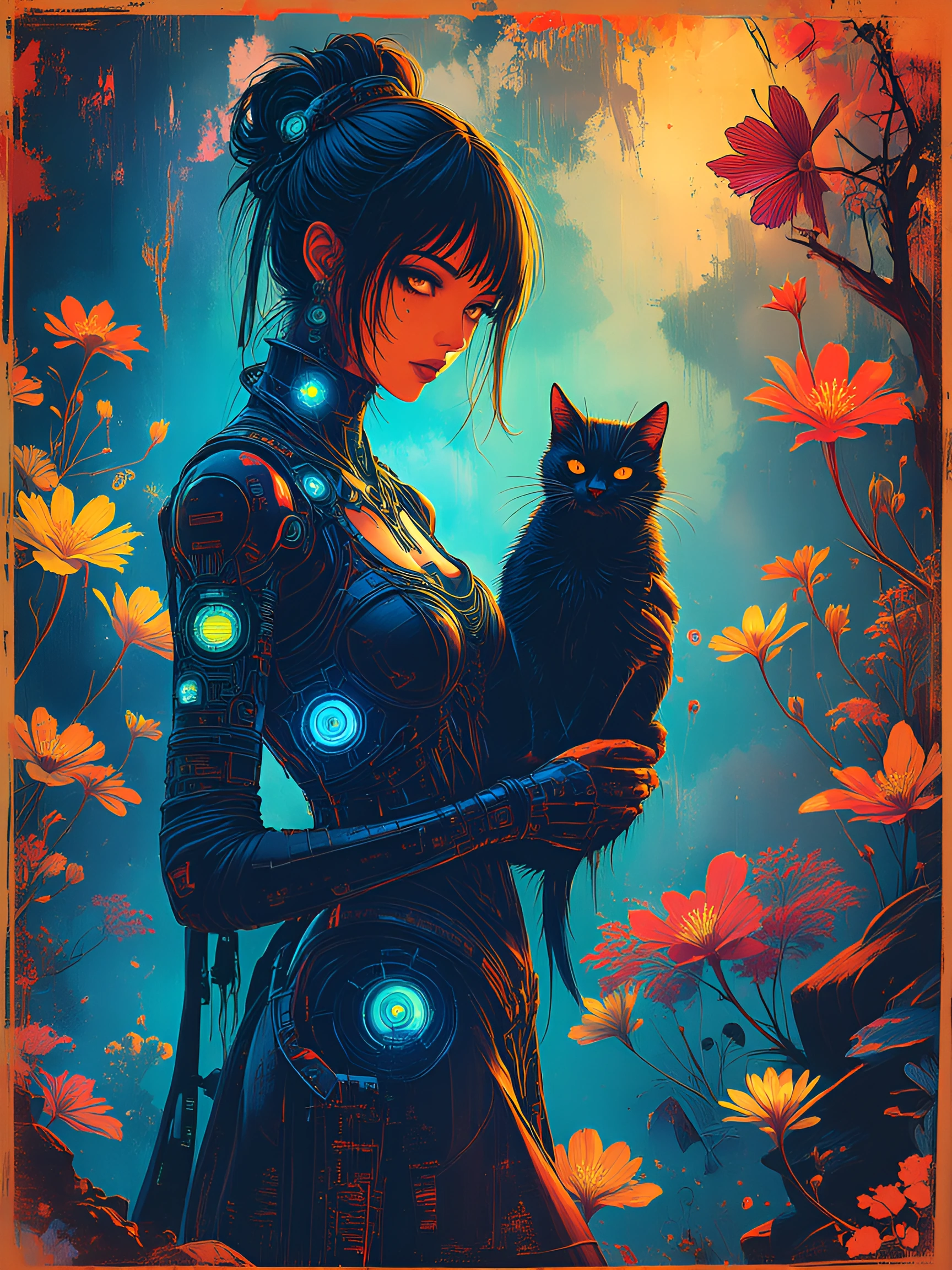 Create a cyberpunk Goth woman with a black cat in a dreamlike, painterly scene with vintage fantasy charm, rich colors, and textured details. Use bold hues against soft ambient light to add depth, warmth, and mystery. Ensure a poetic, surreal atmosph