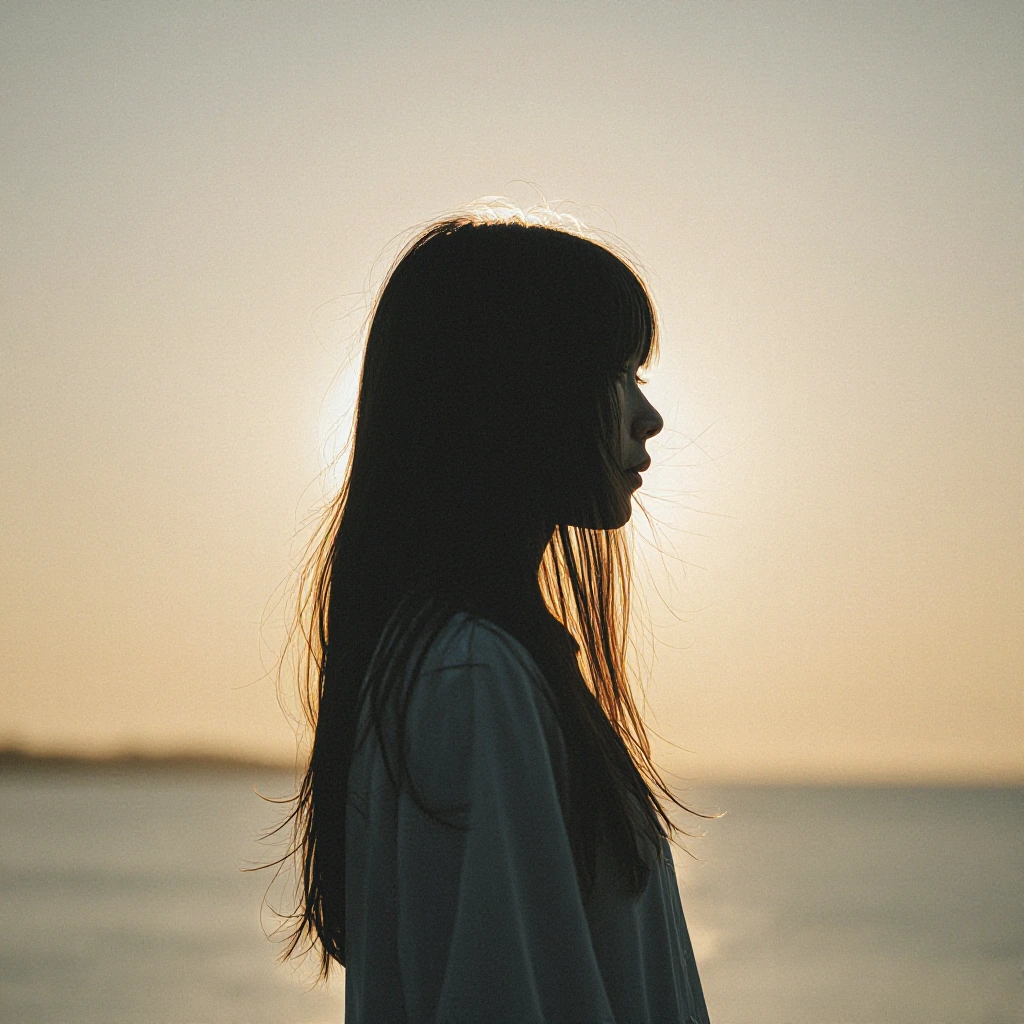 ethereal portrait of solitary figure gazing at distant horizon, golden hour