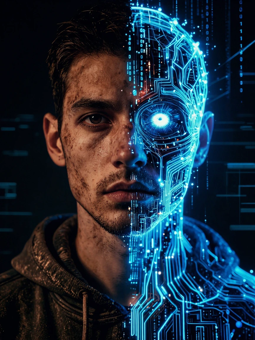 Render a striking half-human, half-digital entity known as C-Dog, depicted in a dramatic split composition where the left side is a gritty, photorealistic human male with weathered brown skin, sharp jawline, a faded streetwear hoodie, and natural sub