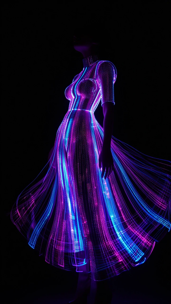 A woman wearing an avant-garde gown constructed entirely of thousands of programmable micro-LEDs in ultraviolet, magenta, and electric cyan, the fabric rippling like liquid light frozen mid-flow. The dress morphs through color-shifting patterns that 