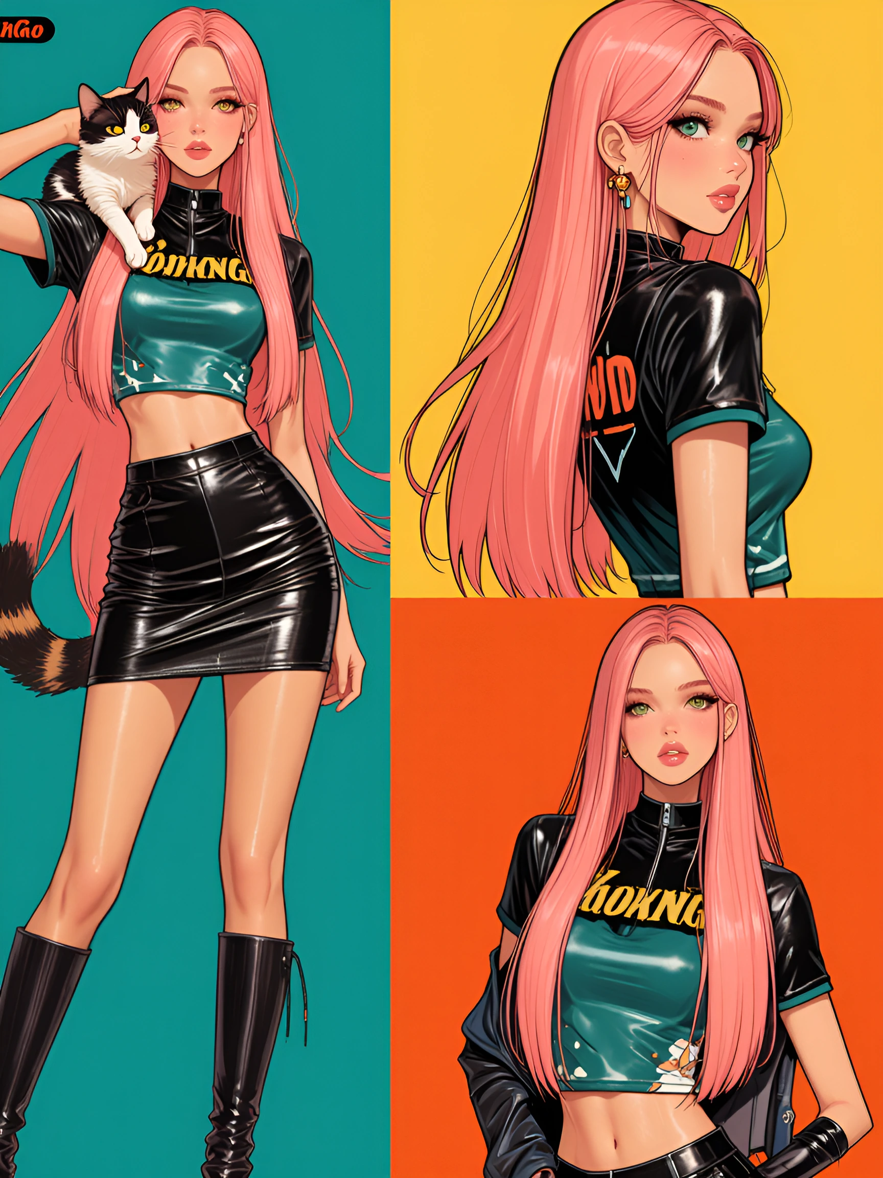 collage with hint of pop-art, beautiful woman with long straight, peach, platinum hair, with a cat, mini skirt and boots