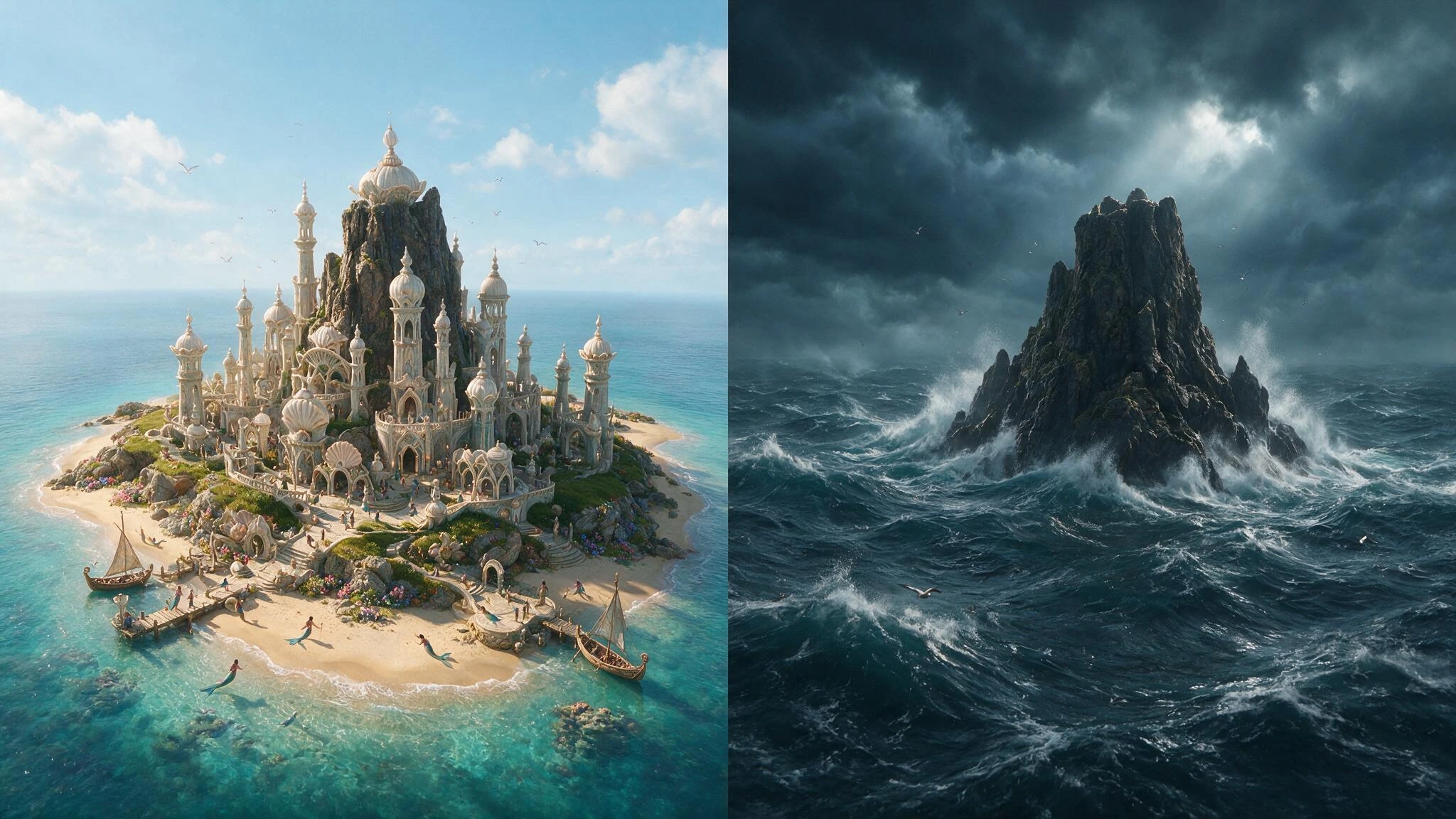 an island that only exists at low tide. A Split Screen low tide and high tide. At low tide a mystical Island Kingdom with spires and elegant buildings is visible populated by Merfolk, in the centre of the island is plateau. At high tide only the barr