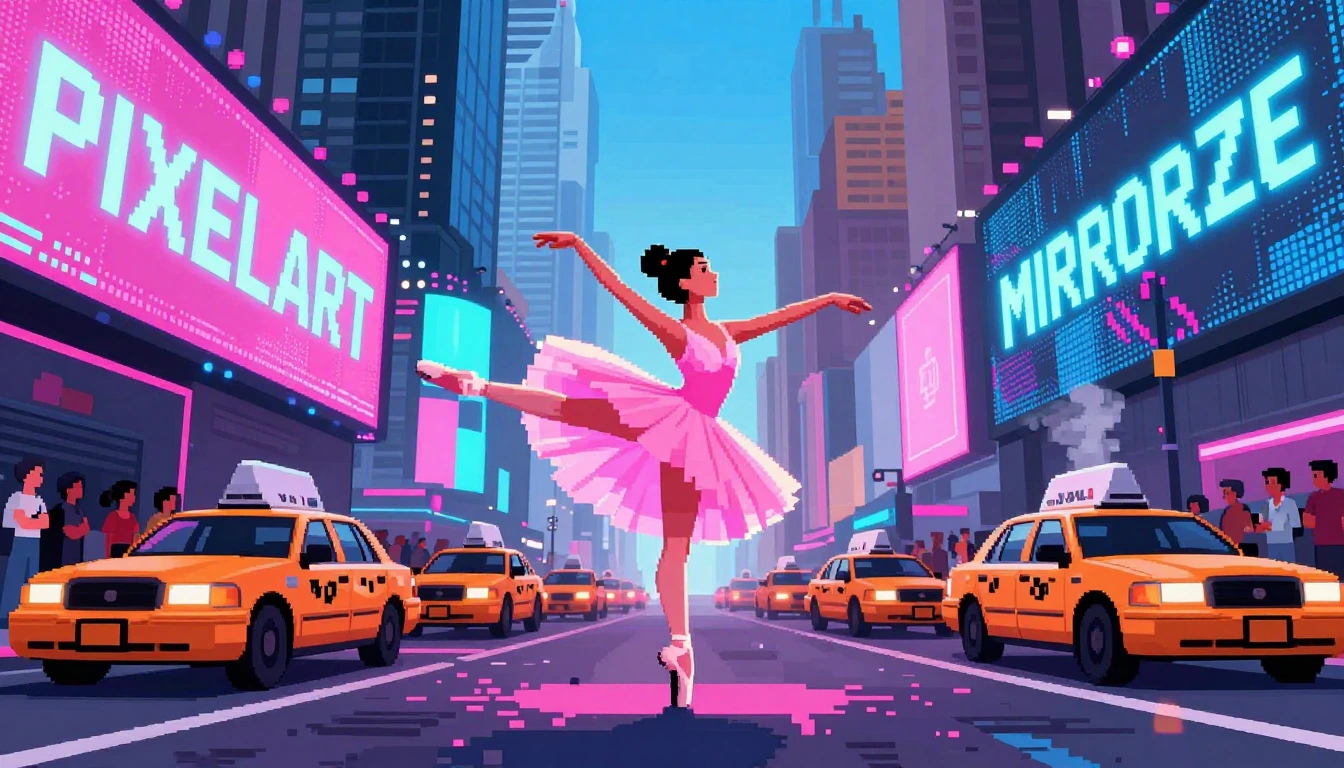 Pixel art style ballet dancer en pointe in center of Times Square, graceful arabesque pose balanced on single toe, flowing pink leotard with delicate fabric folds, hair in elegant bun, arms extended in classical ballet position, pixelated crowds of d