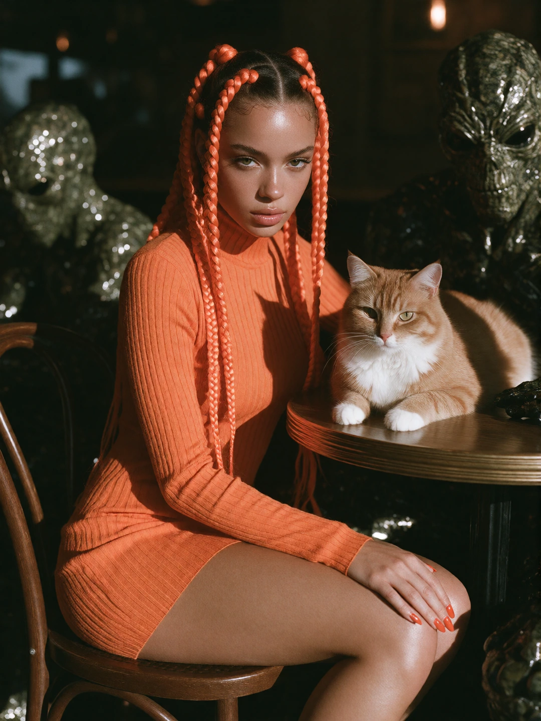 Vampirepulp woman with her cat, bright orange braids, bright orange minidress, bright orange fingernails. In space at a café. Aliens nearby