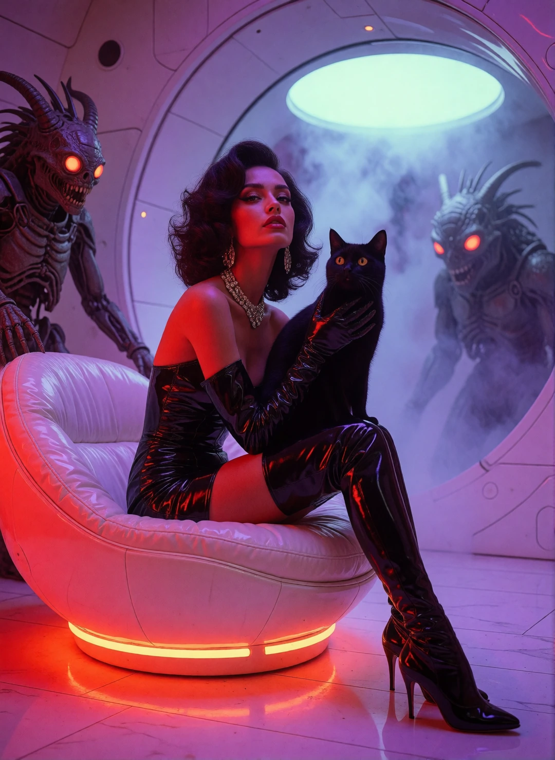 Glamorous woman with a confident expression posing with a black cat, vibrant neon red and violet lighting, modern minimalist white room with sleek fur