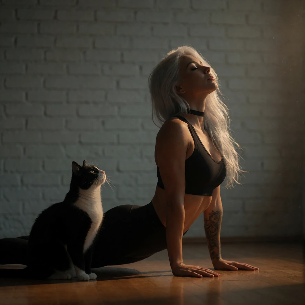 In the art style of Sam Yang. A woman with long flowing silverwhite hair wears a black choker, black sports bra, and tight black leggings while holding a deep yoga upward dog pose on a polished wooden floor, her palms pressed flat with arms straight,