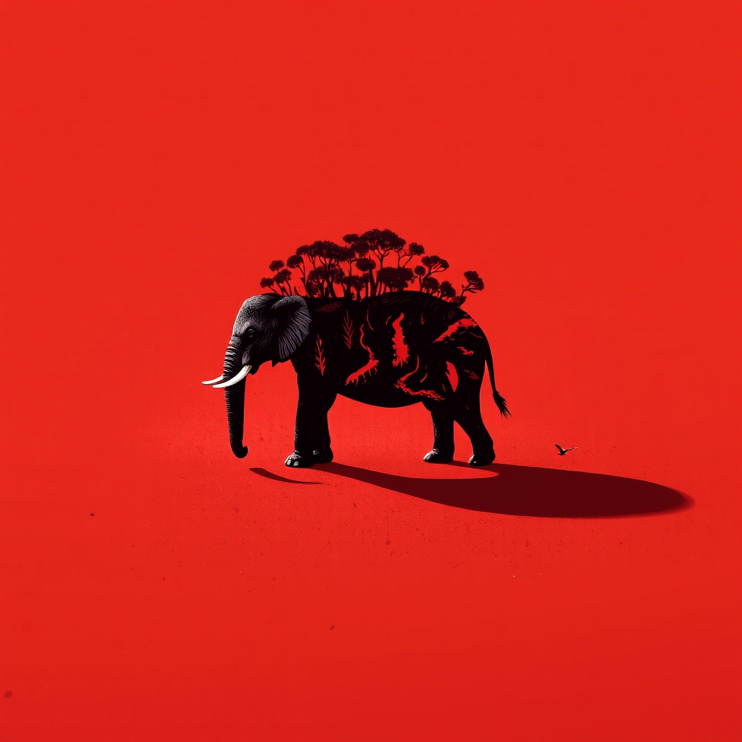 A small elephant stands in a flat open plain, but its red shadow reveals a massive, hyper-detailed jungle with trees, rivers, and birds moving inside the shadow itself. The real world is minimal, the shadow is alive. Warm sunlight, high contrast.
