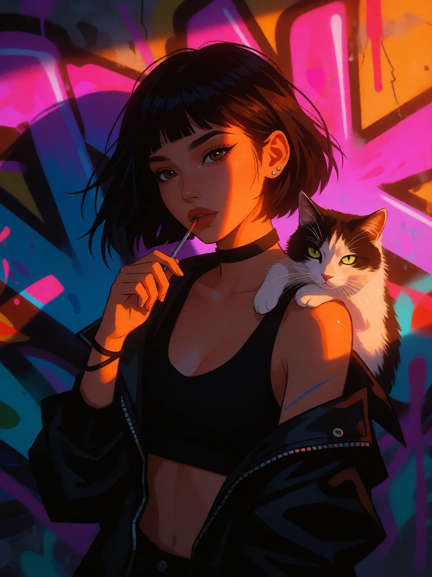 Sunrise woman with her cat, cyberpunk graffiti