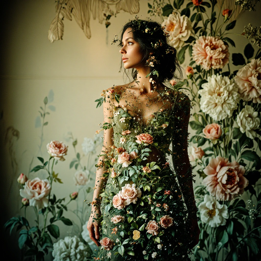 Woman seamlessly blended into floral wall tapestry, body dissolving into blooming flowers, camouflaged and ethereal, standing against ornate vintage wallpaper covered in cascading roses peonies and wildflowers, soft natural window light creating gent