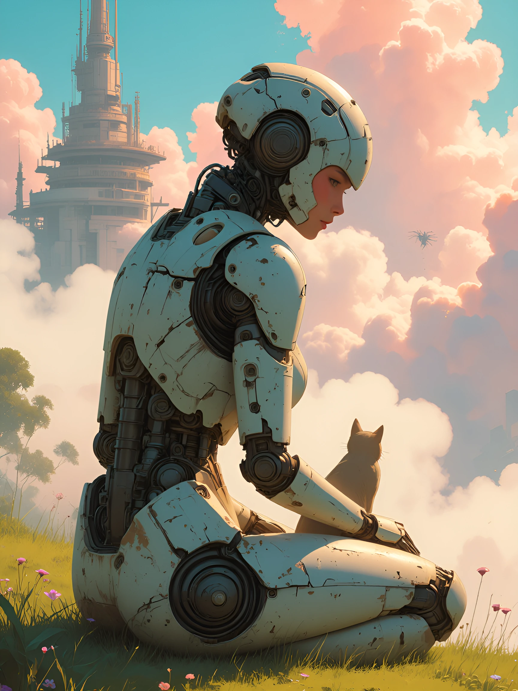sci fi painting of a white armored female robot sitting in a field of grass and small flowers. She is with her robot cat. the robot’s white shell is chipped and worn, showing mechanical details underneath, with a human like face set in a quiet, thoug