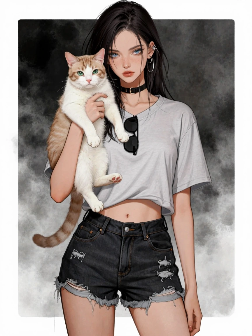 Fashion illustration, woman with her cat, grunge, art, shorts and T-shirt, blue eyes, manga style