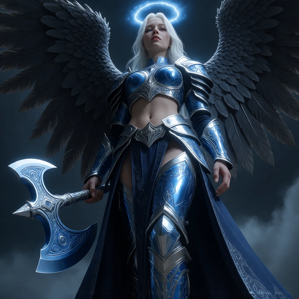 a powerful female angel warrior in a low-angle perspective, emphasizing her dominance. She has long, flowing white hair and wears an ornate, metallic blue and silver armor with intricate patterns. Her large, dark feathered wings are spread wide, crea