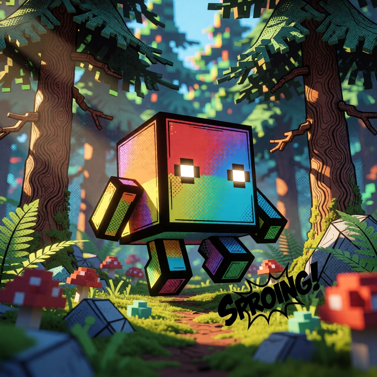Render a blocky, cube-shaped creature standing in a dense forest, its body built from crisp pixel-art voxels in saturated primary colors, thick black comic-book outlines tracing every edge, and bold halftone dot shading across its flat geometric surf