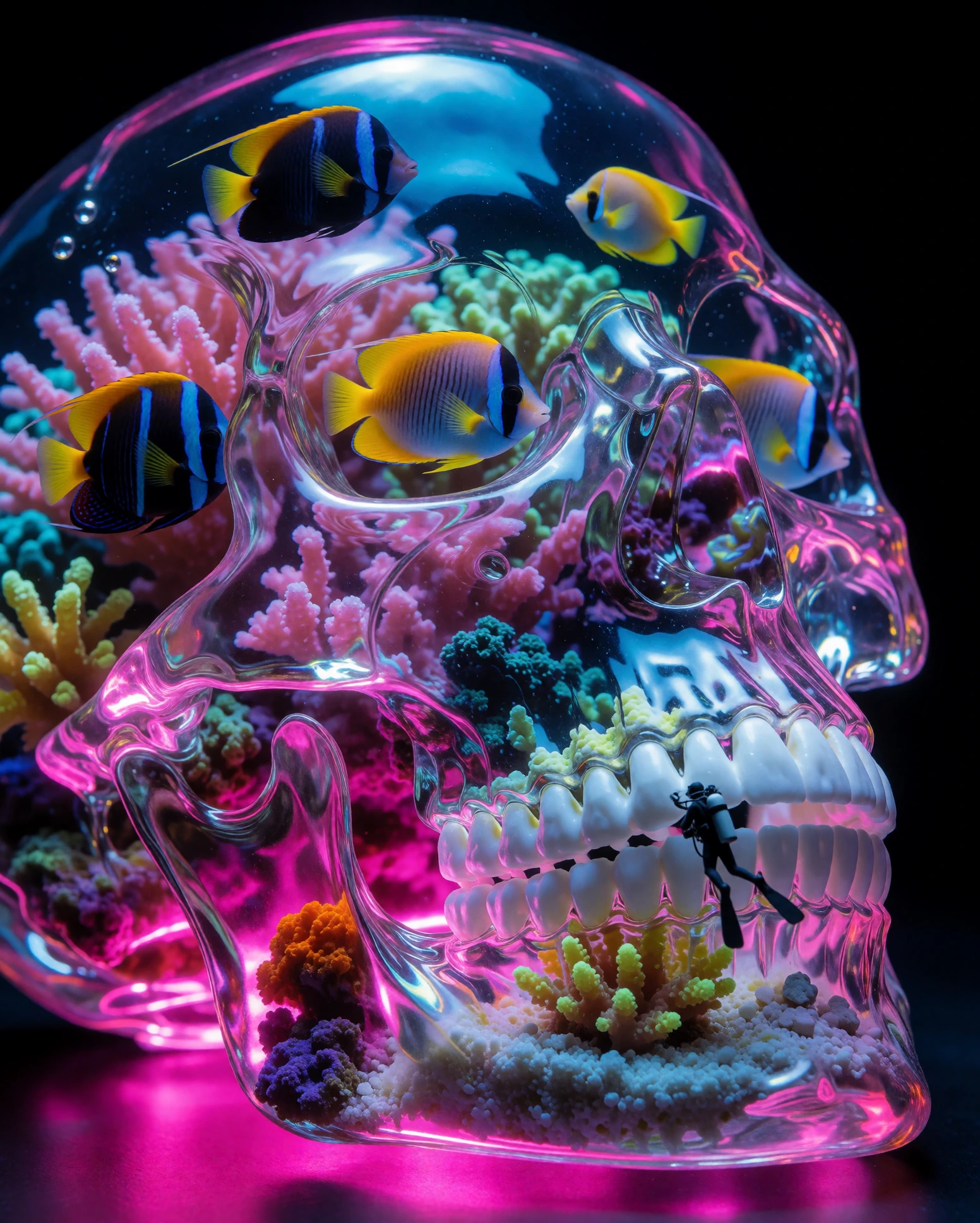 A translucent glass skull filled with water, tropical fish swimming through the eye sockets and jaw, coral growing from the brain cavity in fluorescen
