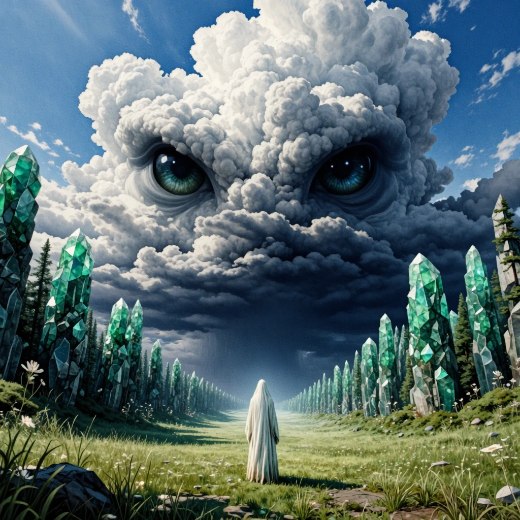 a wide-shot of nature with the environment dominated by a blue sky with intense storm clouds. zero point, focus on waist up, eerie close portrait of s