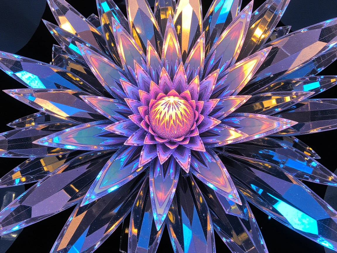 a real work of abstract art, all kind of shapes mixed together fragmented in diamond cut glass, light dispersing leaving rainbow colored flower reflections, amazingly detailed, 8k quality, 3D