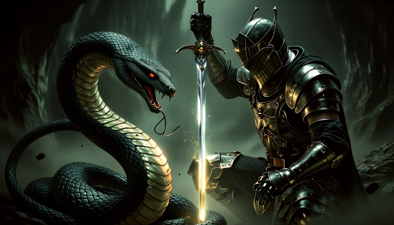The knight hefts his sword as a daemonic black serpent sits coiled beside him talking to tempt the knight's honour and loyalty with promises of wealth and power if he will corrupt himself and serve the serpent. Glittering Light reflects from the knig