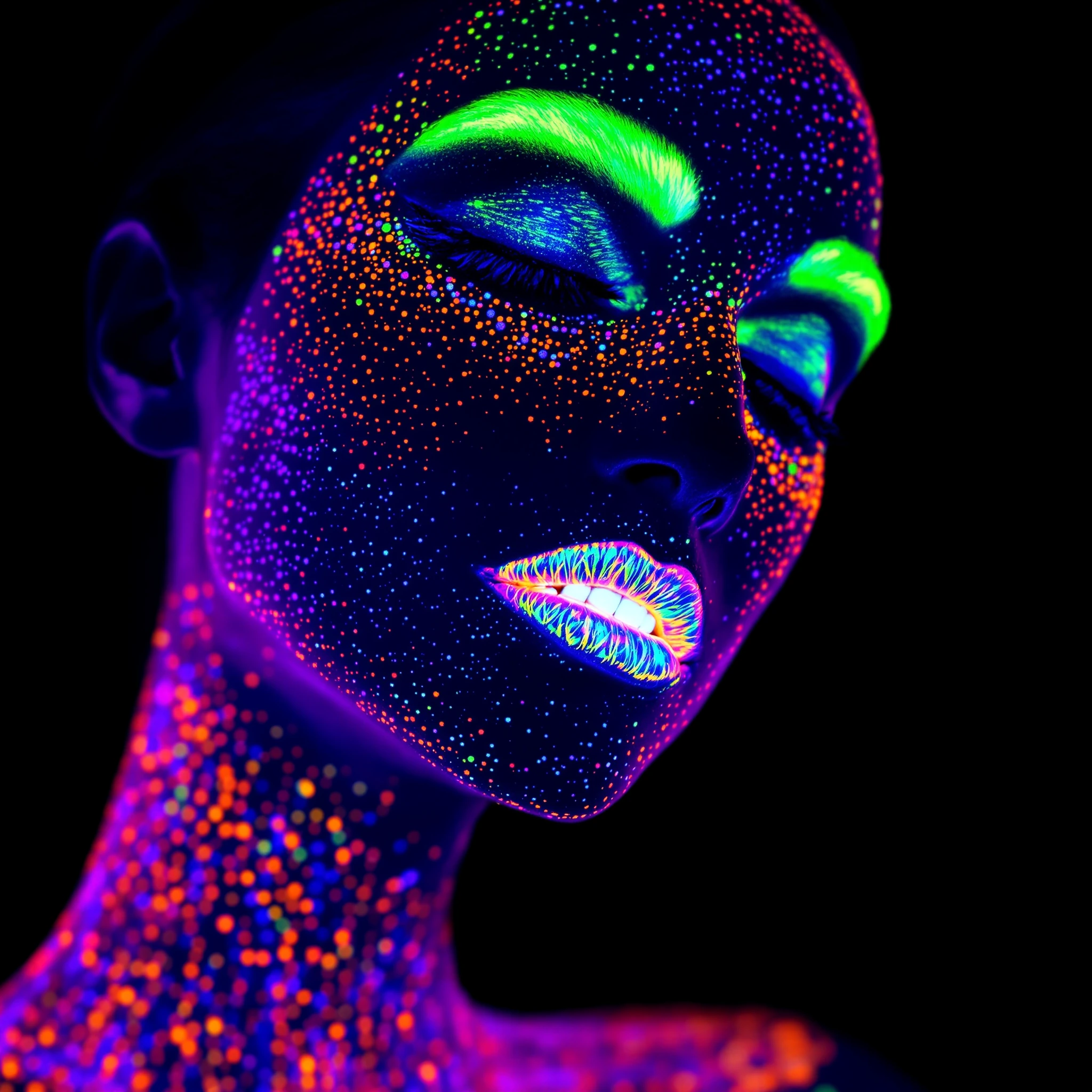 Create a surreal, artistic close-up portrait of a woman’s face, illuminated only by vivid, glowing fluorescent body paint under blacklight. Her eyes are closed, and her expression is serene and introspective, as if caught in a trance or meditative st