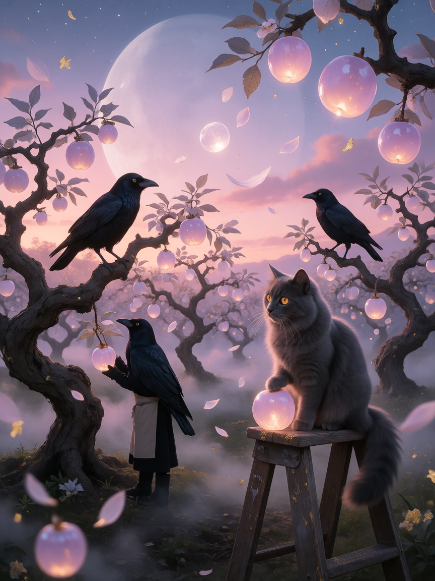 Surreal dreamlike orchard at twilight tended by crows: glossy black crows in tiny gardener's aprons carrying woven baskets, pruning branches with little silver shears, and hanging glowing fruit like lanterns. The trees are twisted and elegant, their 