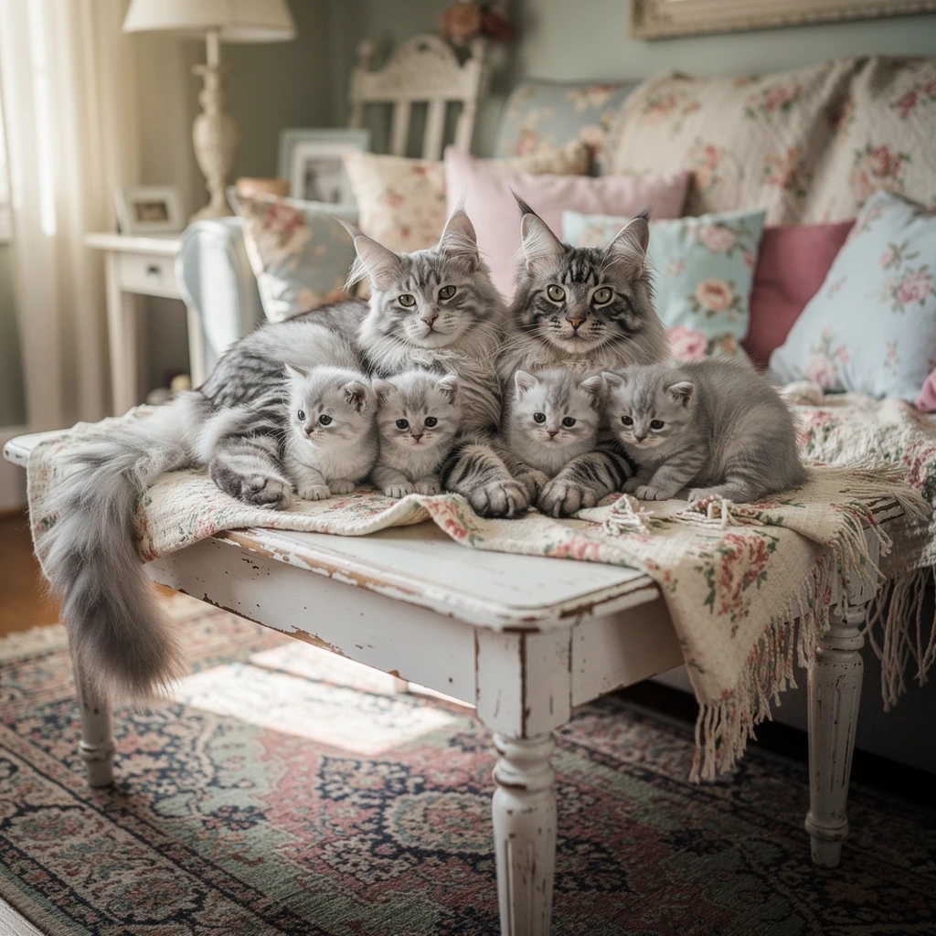 Cutest cat family, fluffy silver Mainecoon cats, both parent cats, kittens, gorgeous, amateur photograph, shabby chic, living room decor
