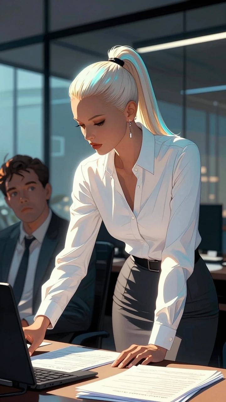 Woman in a sunlit modern office, platinum blonde hair pulled tight in a high ponytail with cyan underlights, crisp white button-up shirt and fitted pencil skirt, leaning over her desk reviewing documents with composed focus. A man in the soft-focus b