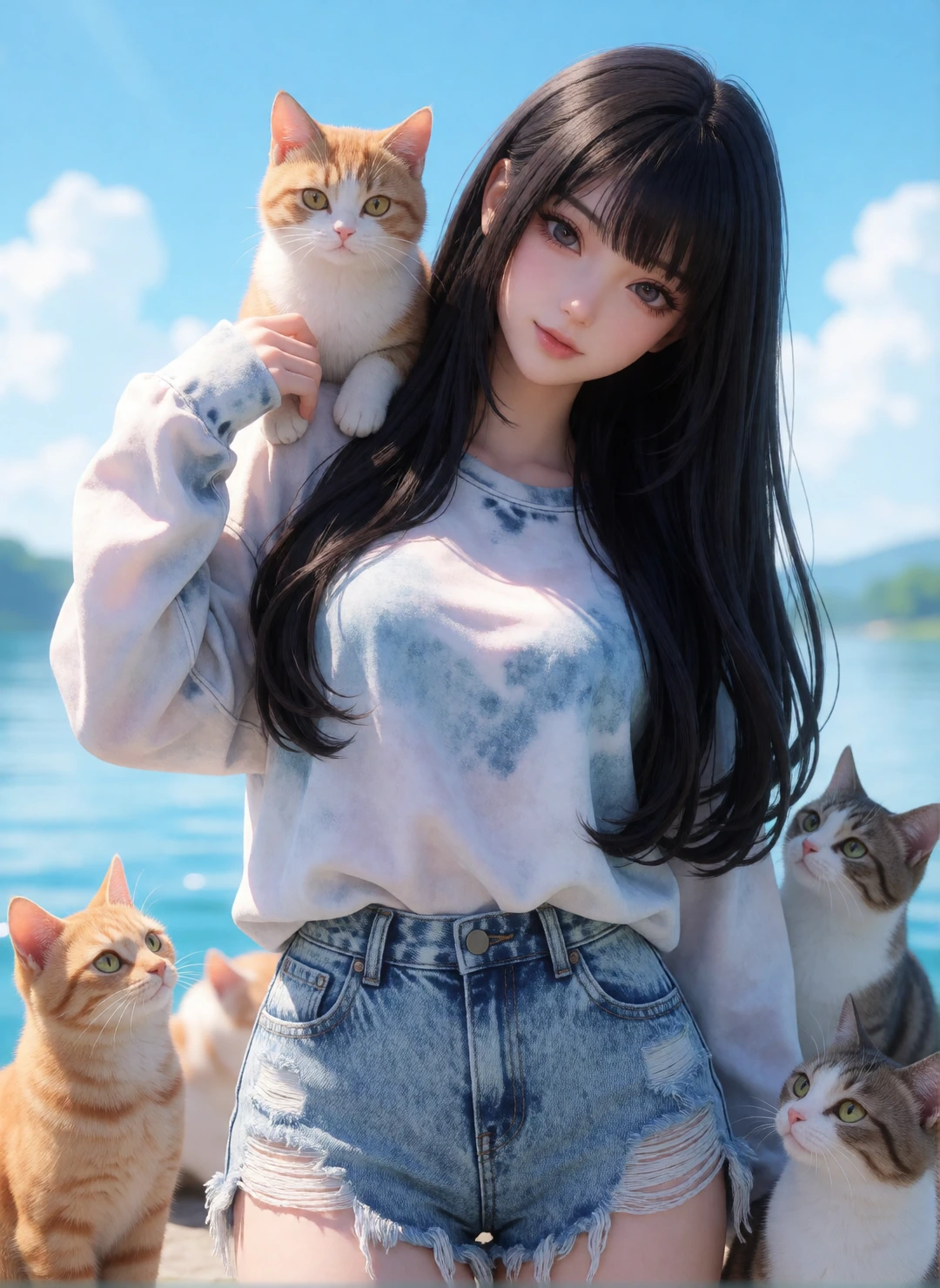 Hyper realistic, anime woman surrounded by cats. Long slinky black hair with bangs. She wears an oversized shirt with acid washed distressed blue jean fringed cutoffs. Very soft ink outline, lake in the distance, sunny day, summertime