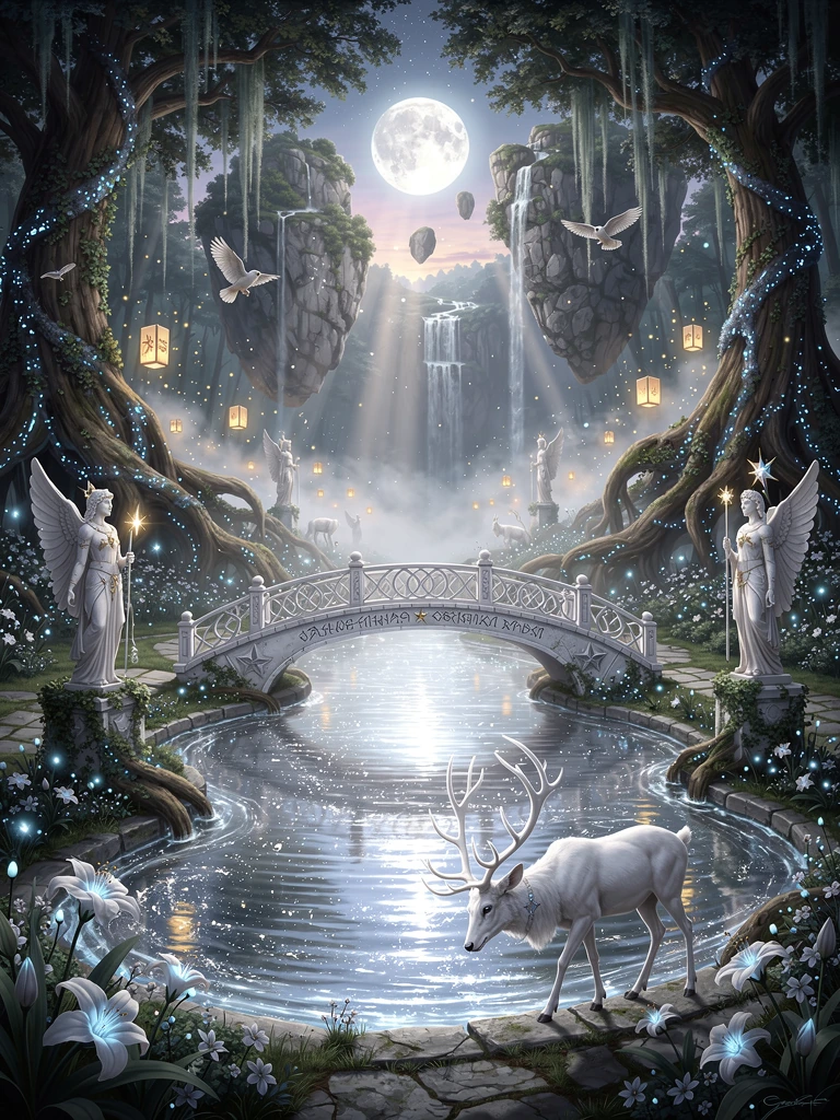 A hidden fantasy sanctuary nestled deep within an ancient enchanted forest beneath a luminous full moon. At its center rests a vast crystal moonwell filled with glowing silver water that reflects the stars even in daylight. Elegant white stone bridge