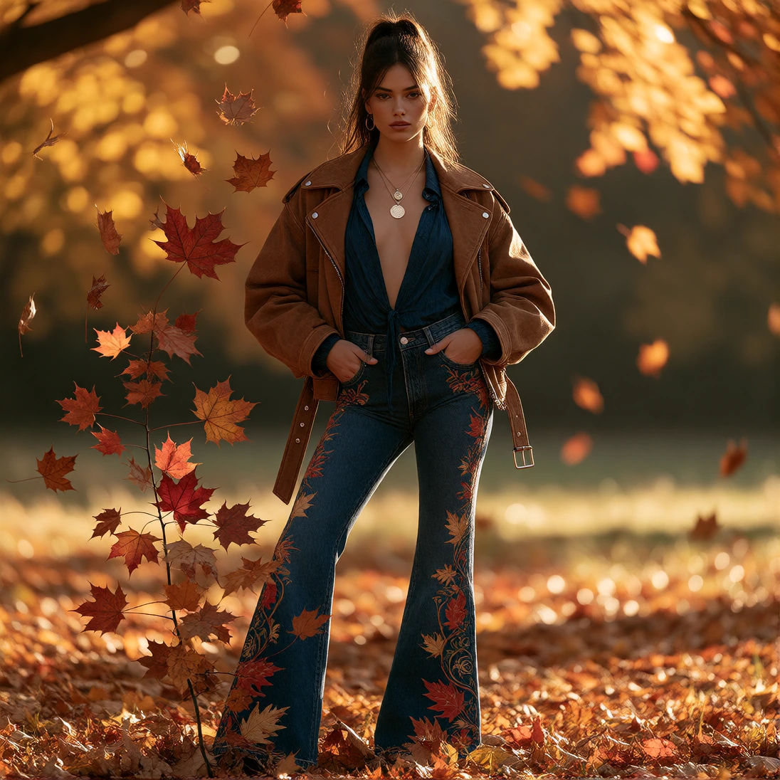 A Photorealistic fashion shoot in a golden autumn glade, a myriad of browns, reds and golden leaves fall all around the stunning dark haired with golden makeup supermodel. Her clothing iconic of the fall, flared indigo jeans with intricate leaf embro