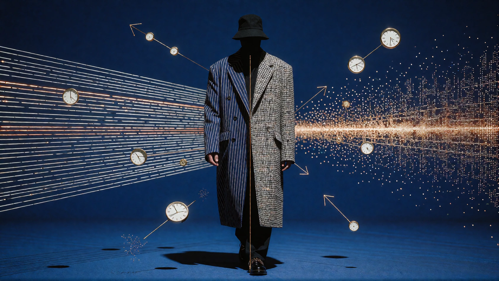 16:9 keyframe, high-grade fashion editorial illustration mixed with precise graphic design, locked 1:1 to the provided sref --sref 1782138068 Theme: “Entering tomorrow yesterday” Clean, minimal, high-fashion composition on a pure flat ultramarine blu