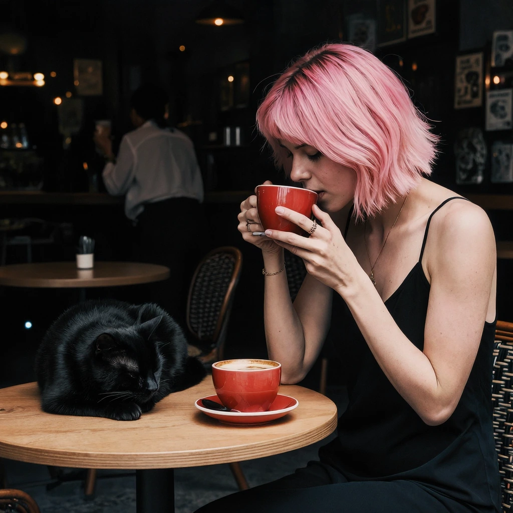 a realistic high resolution photogragh of a pink hair lady with an athletic thin body She is at a cafe enjoying a latte in a red mug She is wearing a black slip dress In her table her black cat is taking a nap