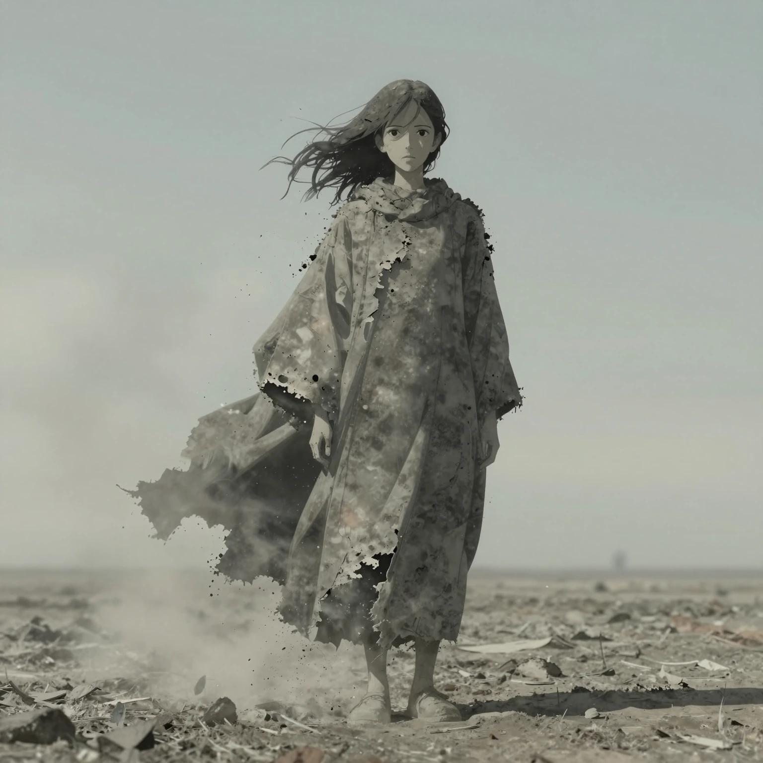 original character,ghibli inspired,anime style,desaturated tones,figure covered in ash-like layered fabric,edges crumbling into particles,standing in 
